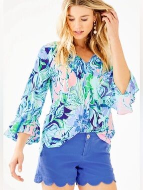 Lilly Pulitzer Willa Top XS Blue Pink Floral Flounce Sleeve Blouse